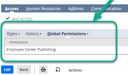 Access global permissions set to employee center publishing.