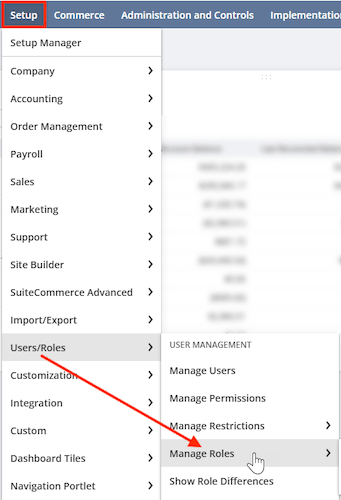 NetSuite navigation setup user roles to the manage roles tab.