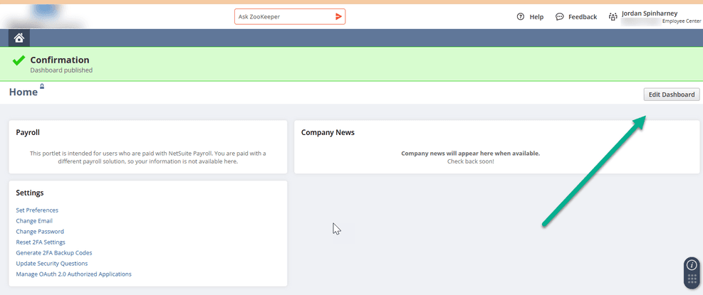 NetSuite edit dashboard button.