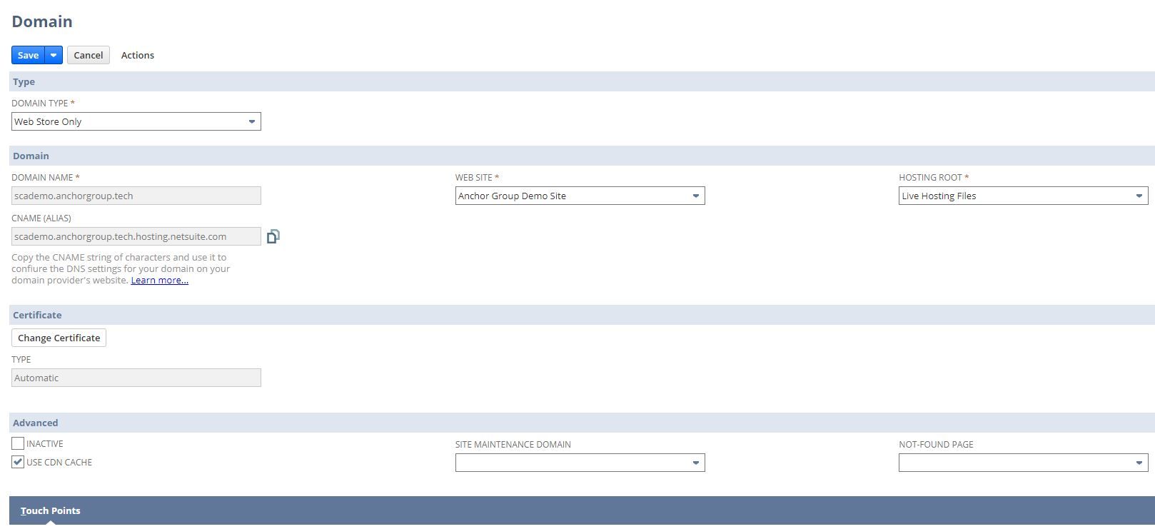 Domain screenshot page with details on how to setup.