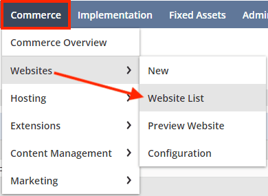 Commerce navigation from Websites to Website List tab.