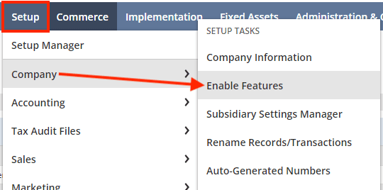 NetSuite setup company enable features page.