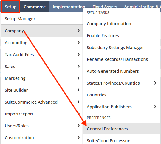NetSuite setup company preferences to general preferences tab.
