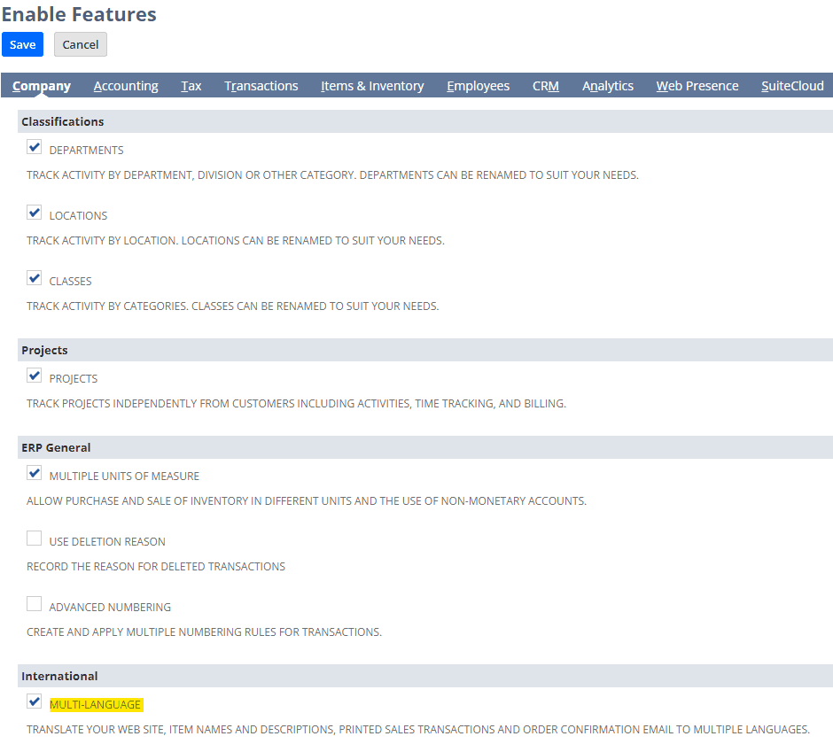 NetSuite enable features company international multi language.