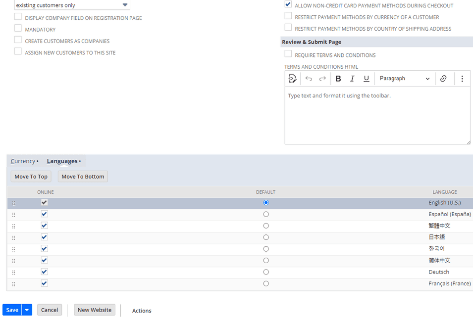 NetSuite languages default page.