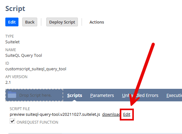 Script page with the Edit button highlighted.
