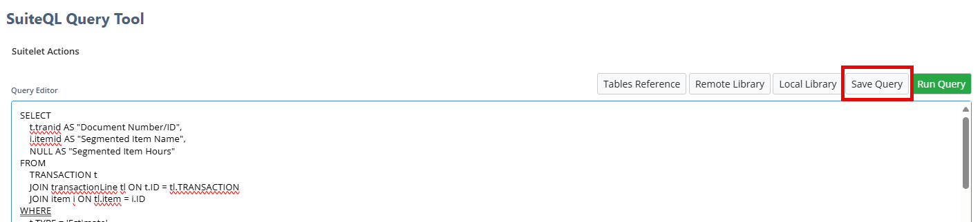 SuiteQL Query Tool page with Save Query button highlighted.