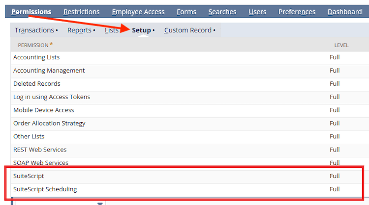 NetSuite permissions setup SuiteScript scheduling.