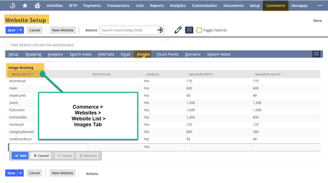 NetSuite commerce website setup images and image resolution.