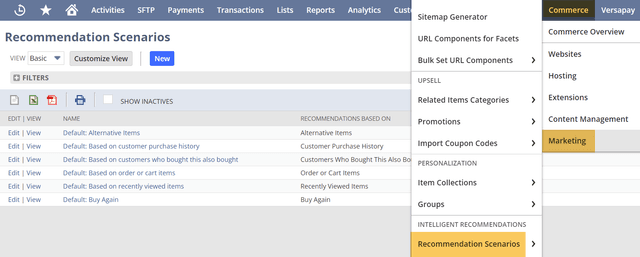 NetSuite commerce marketing recommendation scenarios.