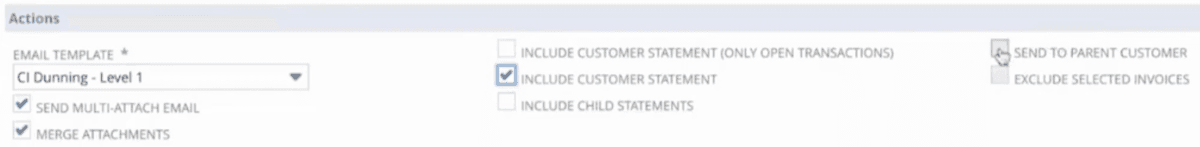 NetSuite bulk email dunning invoice actions.