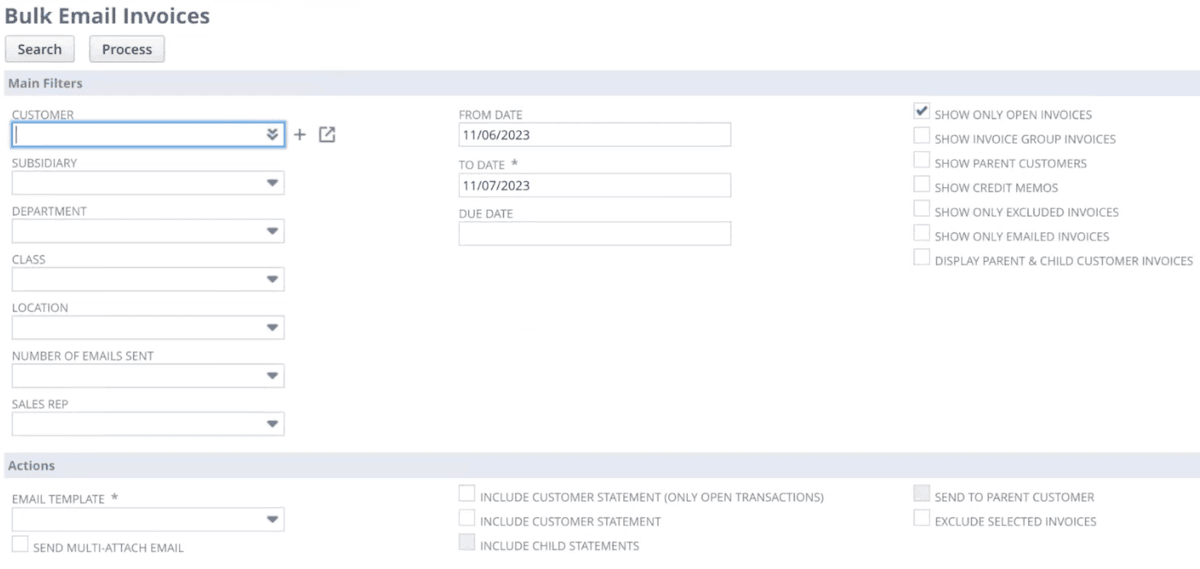Bulk email invoices screen.