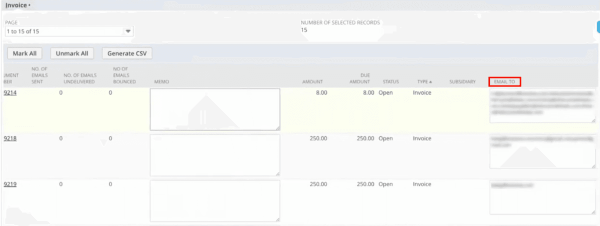NetSuite invoice recipient email addresses column.