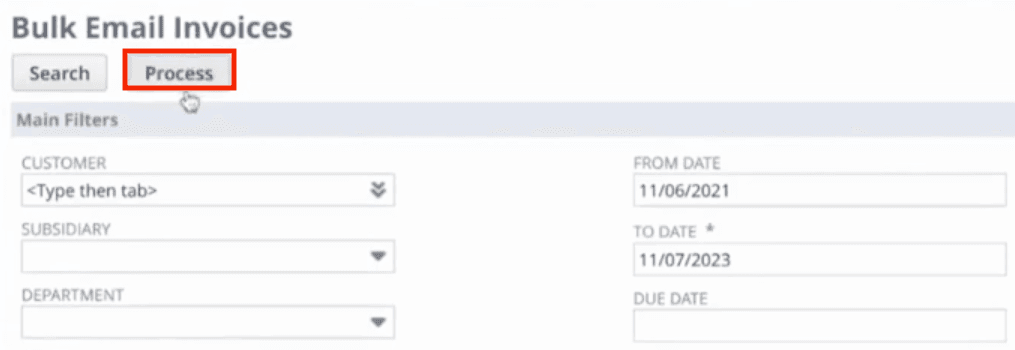 Process NetSuite bulk email invoices with the Process button highlighted.