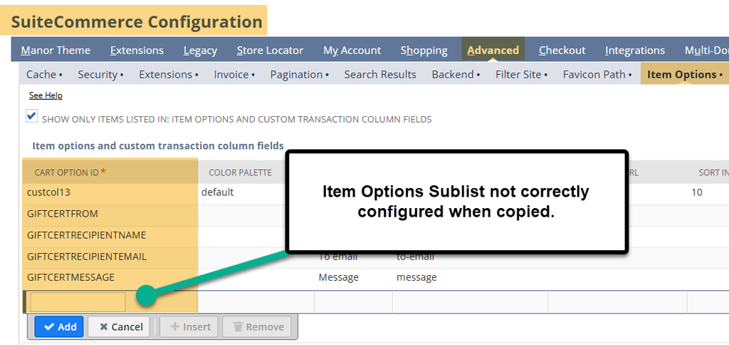 SuiteCommerce configuration advanced item options.