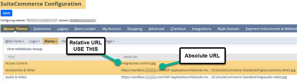 SuiteCommerce configuration manor theme home relative URL absolute.