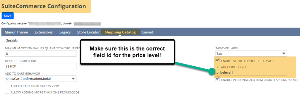SuiteCommerce configuration tab enable strike through behavior default.