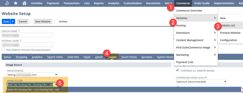 NetSuite commerce websites website list image folder steps. 
