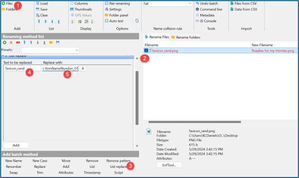 Steps to work with files and the filename list to replace text.