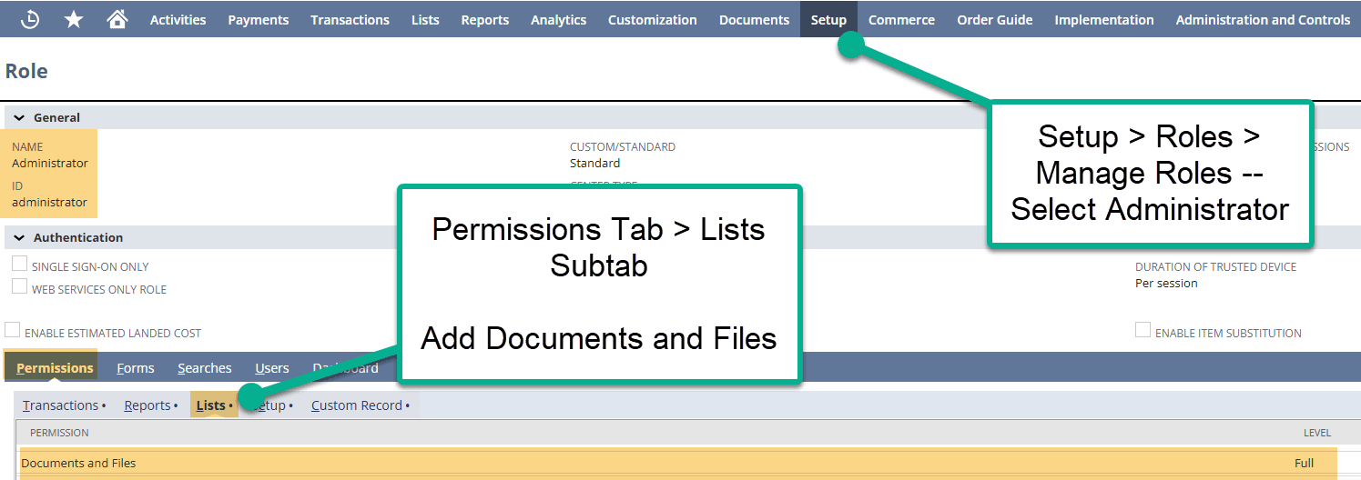 How to manage roles through admin permissions in NetSuite.