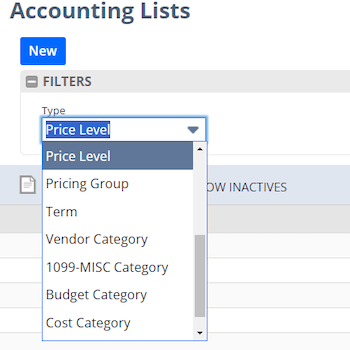 NetSuite accounting lists price levels.
