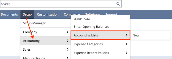 NetSuite setup accounting lists.