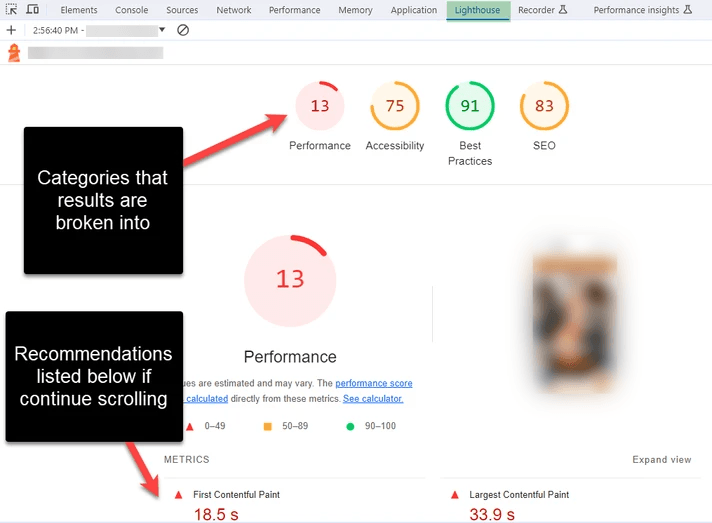 Lighthouse website analysis.