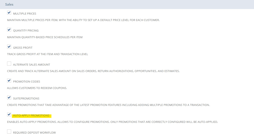 NetSuite enable features sales auto apply promotions.