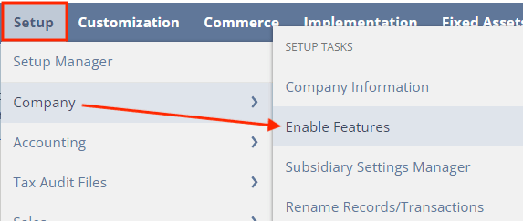 NetSuite navigation setup company enable features.