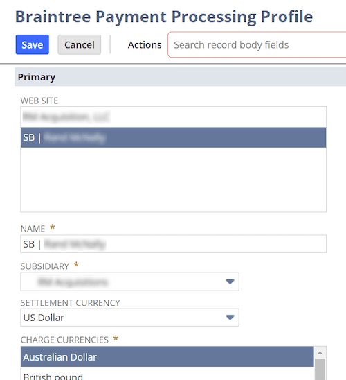 Braintree payment processing profile NetSuite.