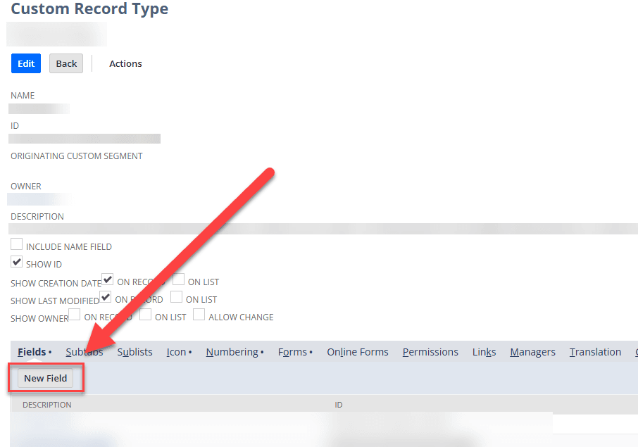NetSuite custom record type fields and New Field button.