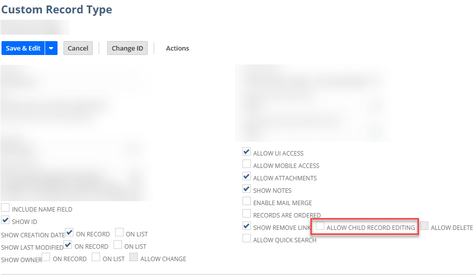 NetSuite custom record type allow child record editing.