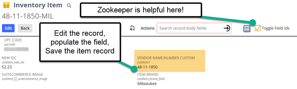 NetSuite inventory item vendor name number custom.