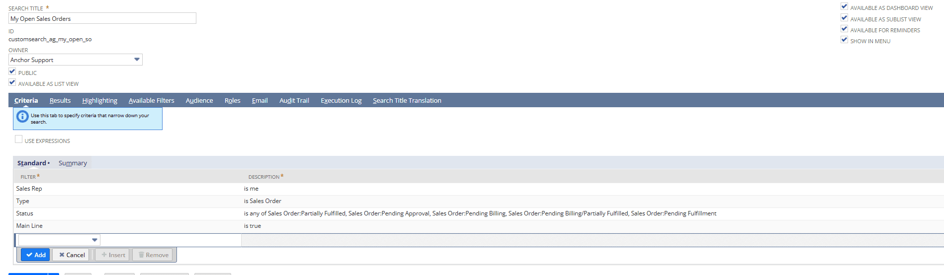 NetSuite saved search my open sales orders criteria.