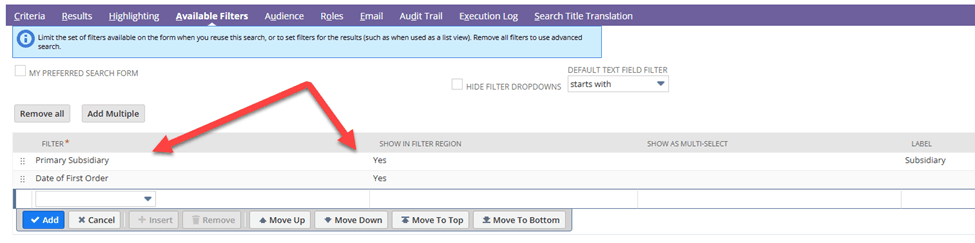 NetSuite saved search available filters.