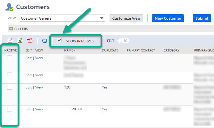 NetSuite Customers page with the Show Inactive button highlighted.