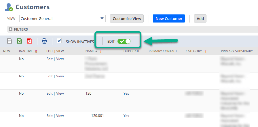 Customers page with the Edit button toggled on.