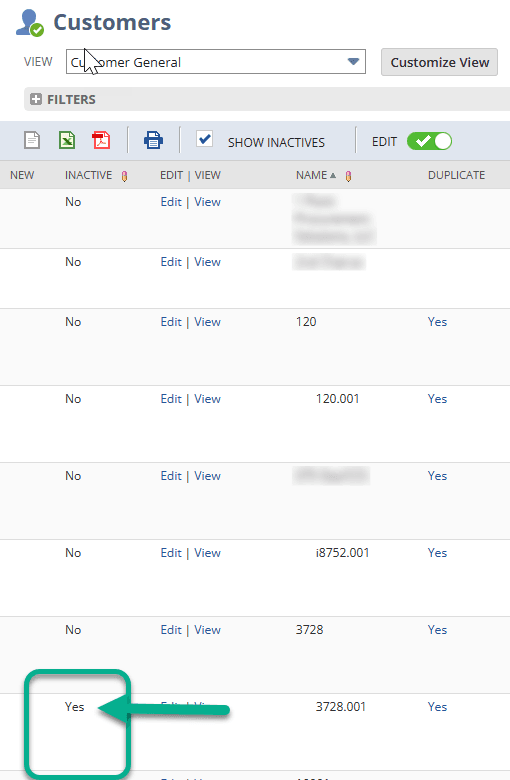 NetSuite customer list inactive marked to Yes.