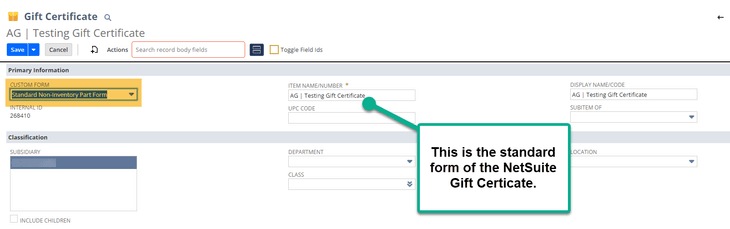 NetSuite gift certificate record.