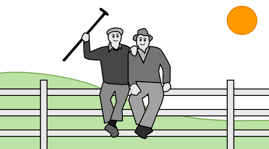Two men sitting happily on a fence on a sunny day.