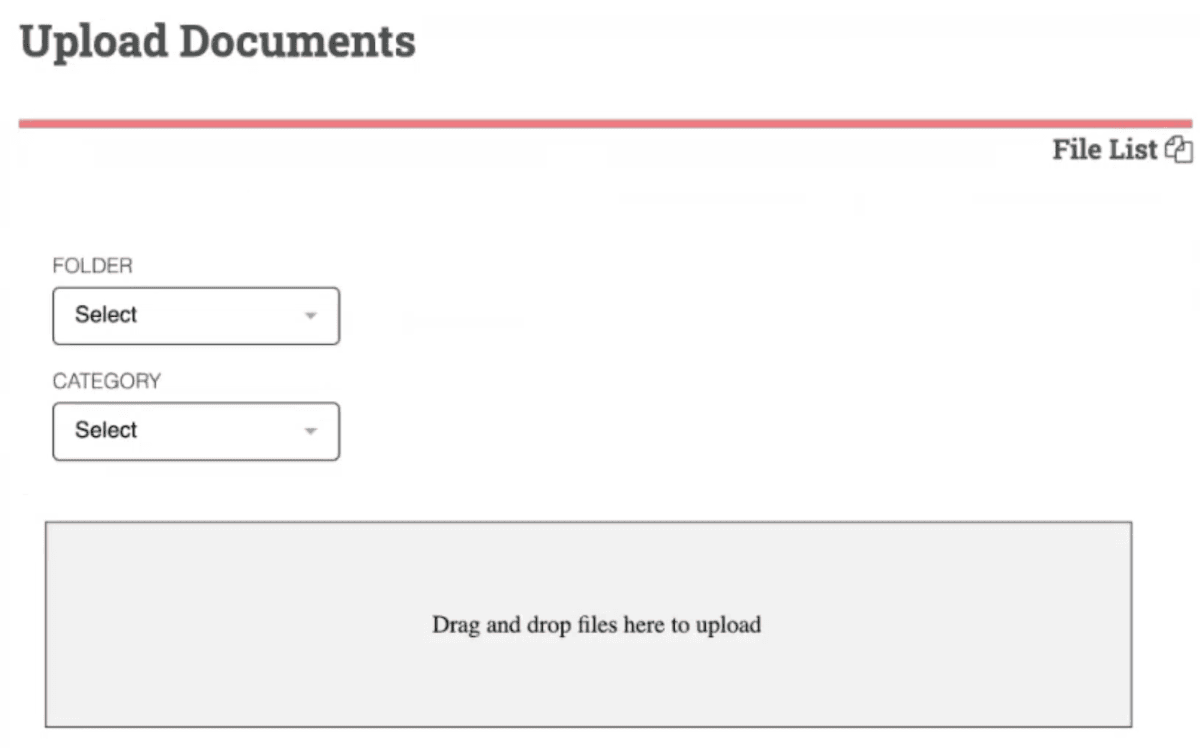 Customer portal document upload screen.