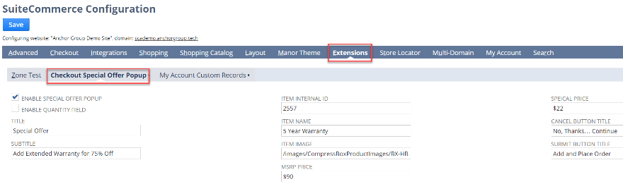 A wider view of the SuiteCommerce Configuration page.