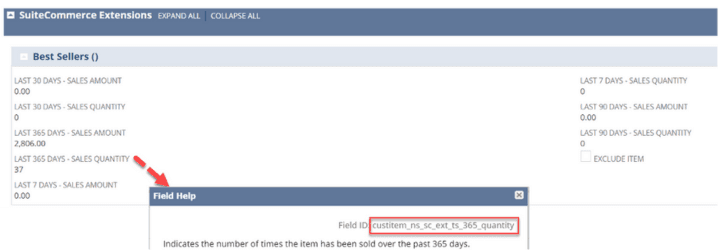 SuiteCommerce Extensions page with the field help popup and customer URL highlighted.