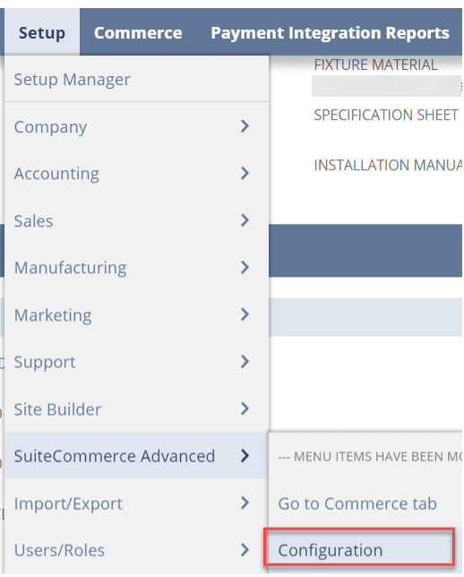 Setup dropdown with SuiteCommerce advanced tab leading to the highlighted Configuration button.