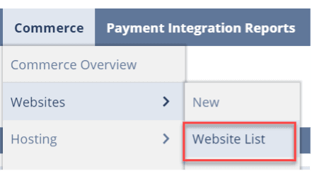 Commerce dropdown with the Websites tab leading to the highlighted Website List button.