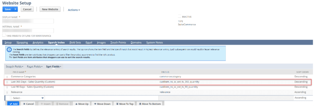 Website Setup page with several values highlighted.