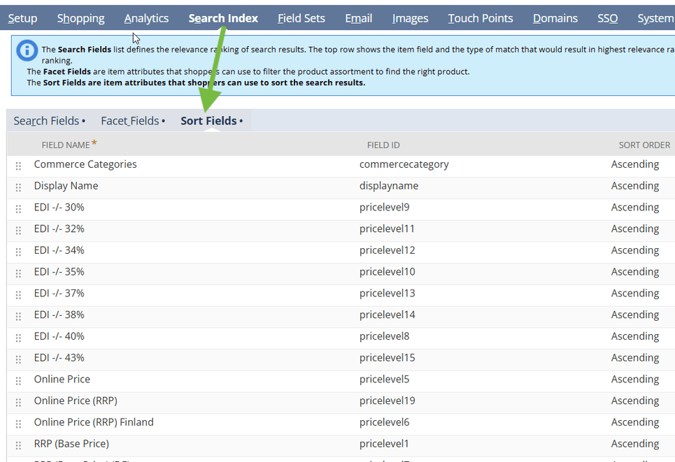 NetSuite search index sort fields list.