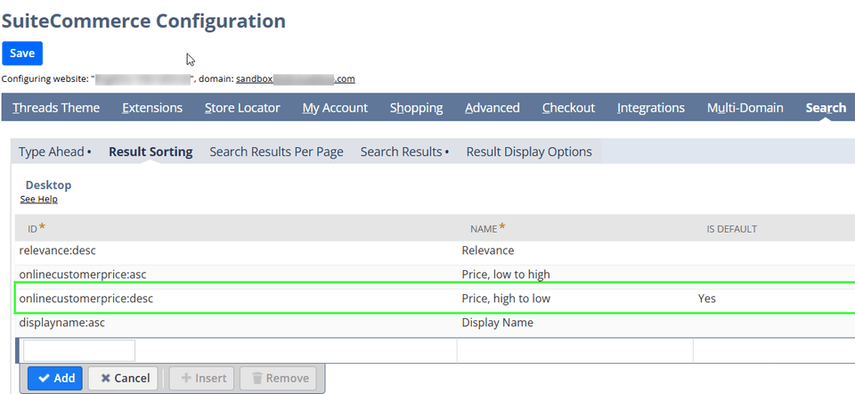 SuiteCommerce configuration search result sorting.