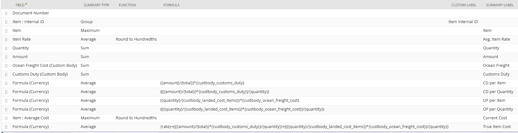 NetSuite saved search calculating true item cost.
