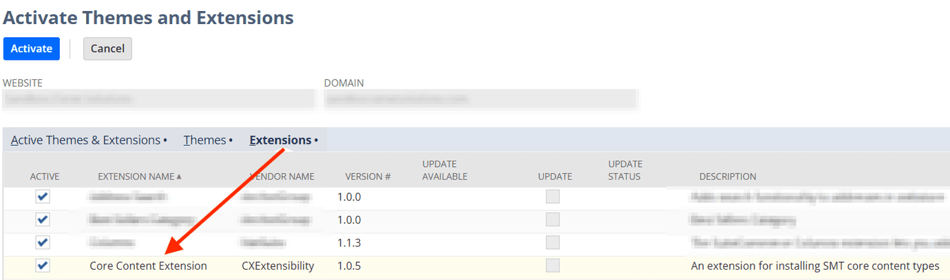Activate themes and extensions core content.